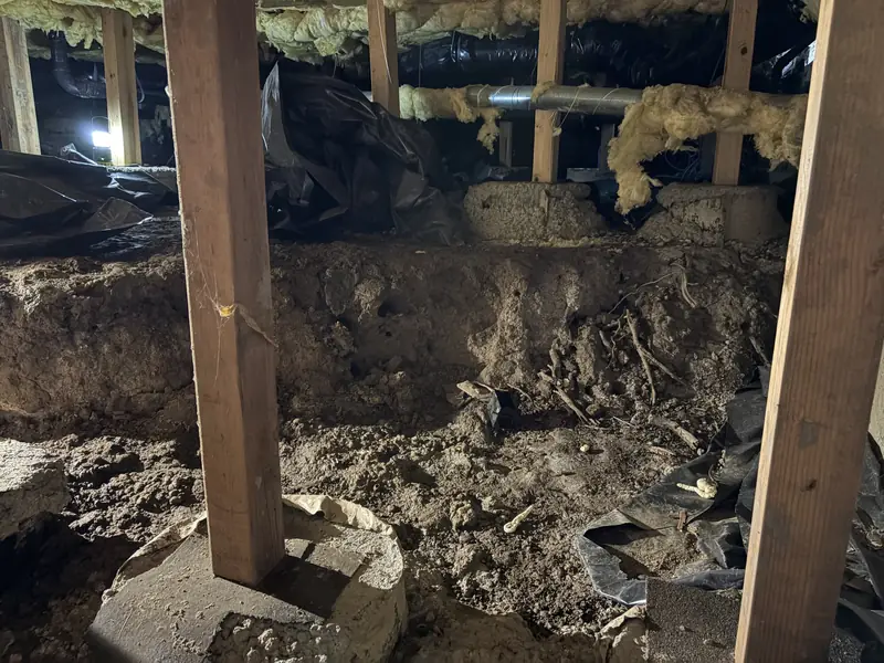 Soil excavated around wood posts in a crawl space to create working room