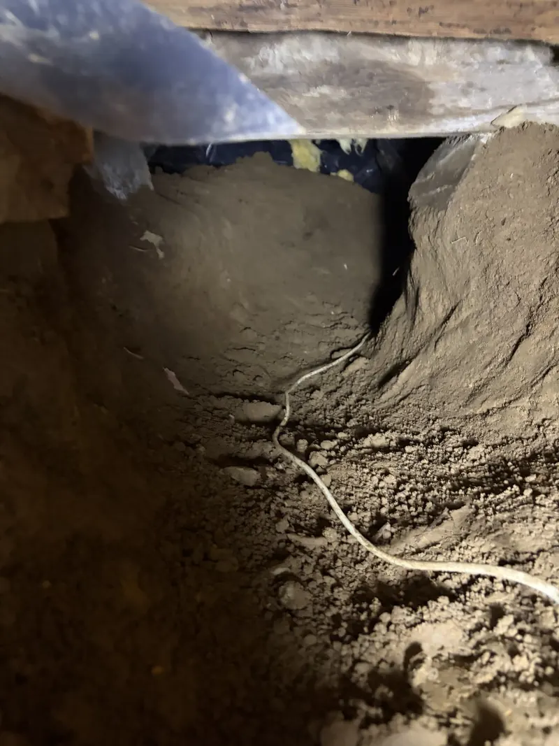 Access trench dug through soil under a crawl space floor
