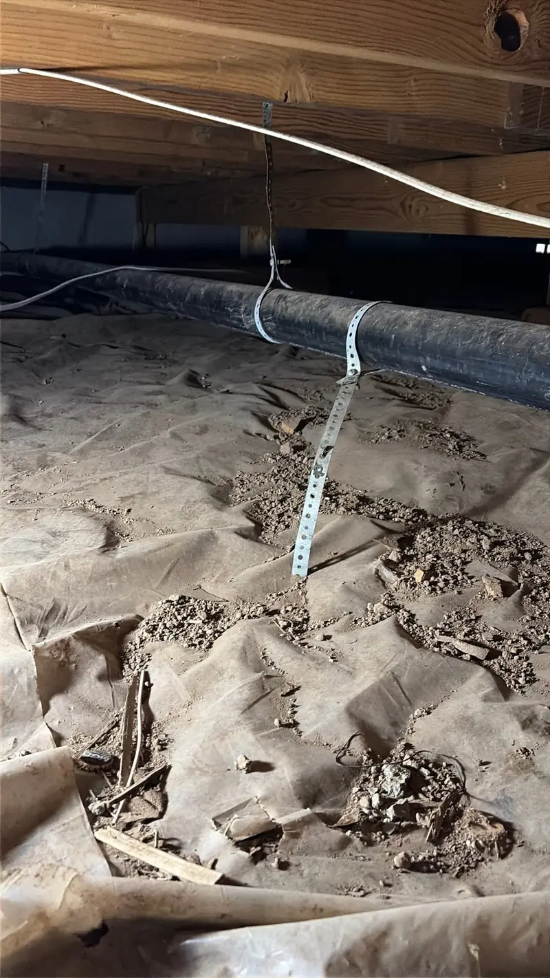 Torn crawl space plastic covered in dirt and debris